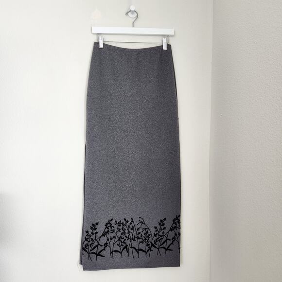 Vintage Exact Change Gray Floral Black Velvet Burnout Long Midi Skirt Slit S - Picture 11 of 11